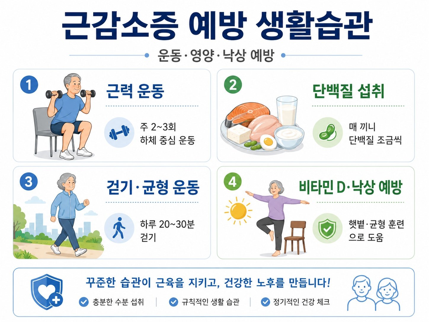 근감소증 예방을 위한 운동과 단백질 섭취 안내 이미지