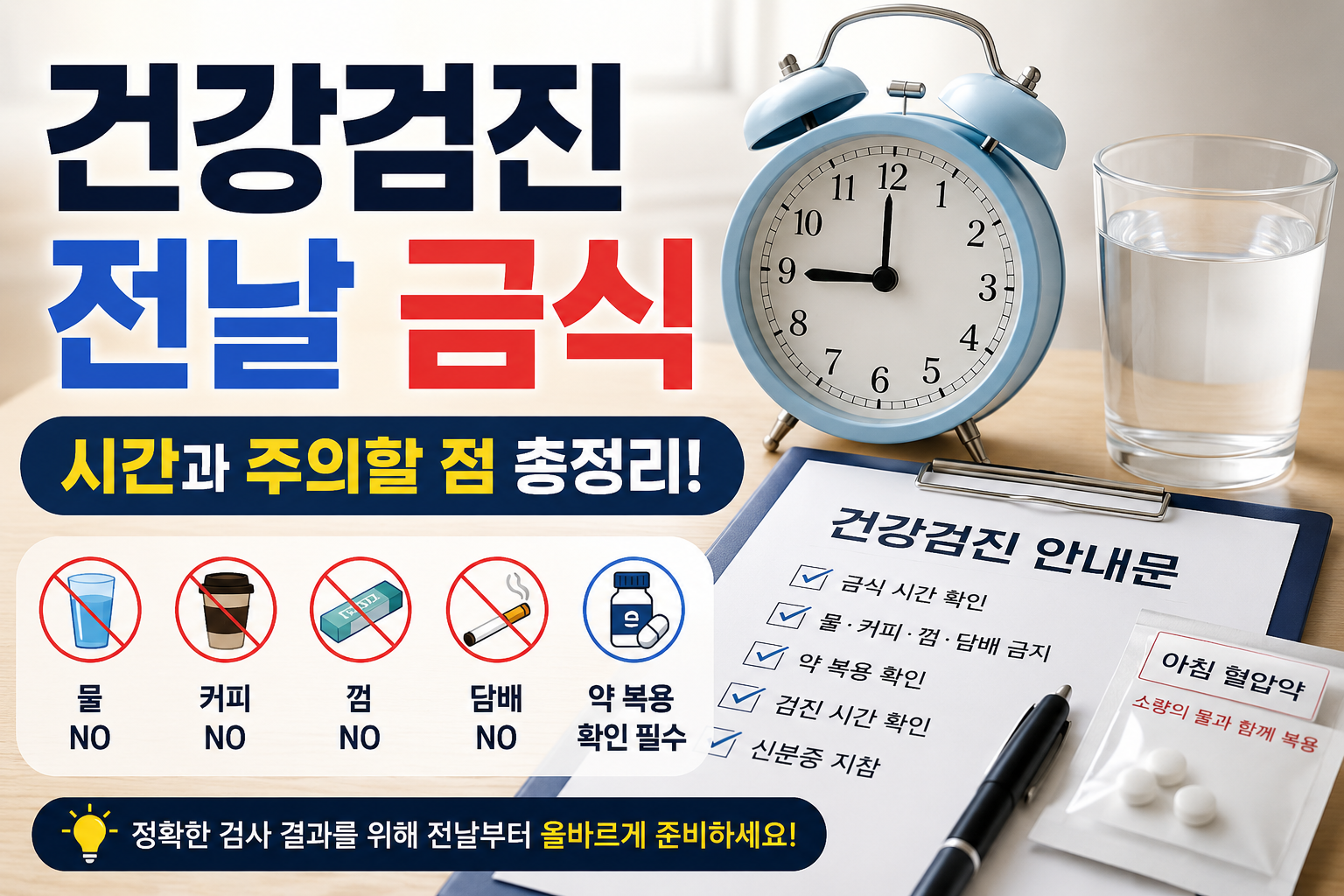 건강검진 전날 금식 시간과 주의사항을 확인하는 안내문